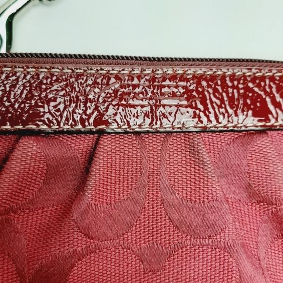 COACH Wristlet Small Purse Signature Monogram Fabric & Leather Burgundy Wine Red - Picture 4 of 8